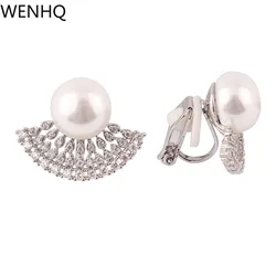 WENHQ Fashion 18K Gold Color Stud Clip on Earrings for Women Party Birthday Elegant Pearl Cubic Zircon Material Cuff Ear Clip