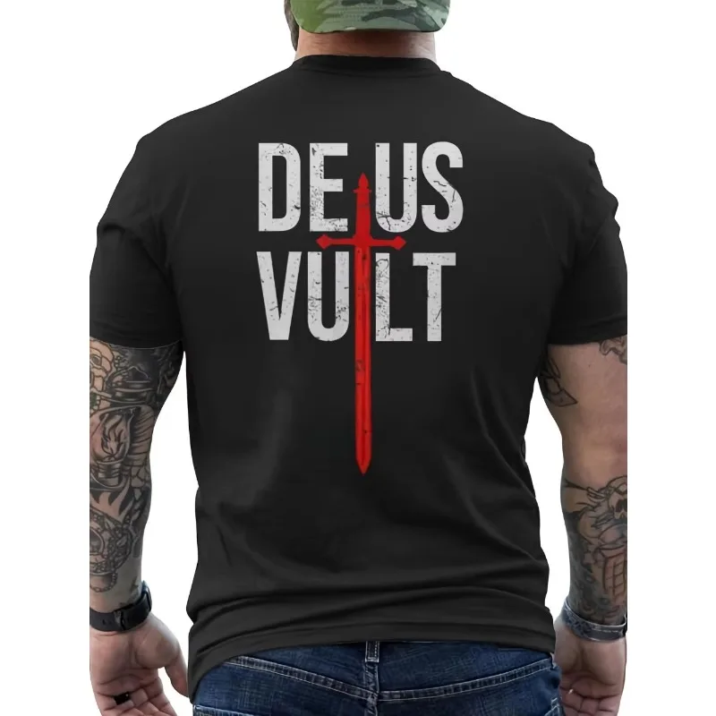 Men's Deus Vult I God Wills It Crusade T-shirt Bold Red Latin Christian, Suitable for All Seasons