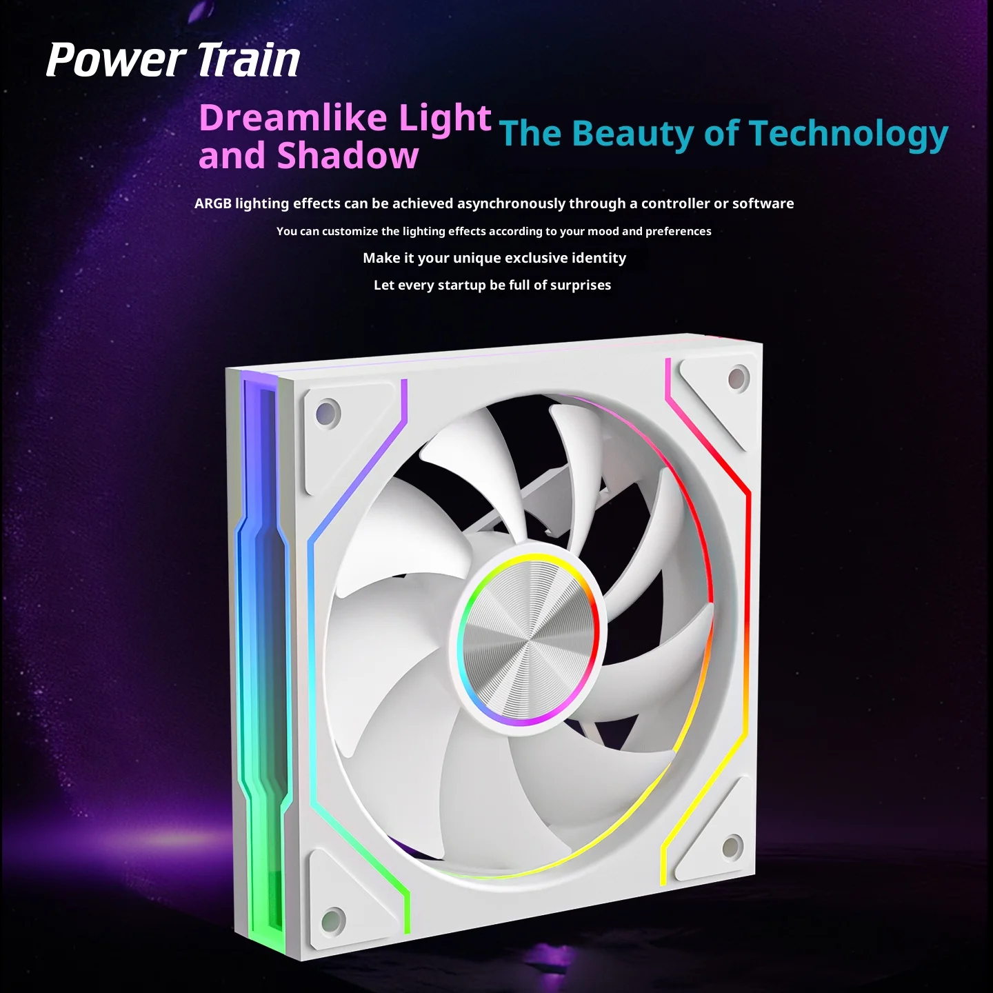 Power Train PRISM 9 PRO Computergehäuselüfter 12 cm ARGB 4-poliger PWM-Leiser Lüfter 12 V großes Luftvolumen 61,5 CFM/800–1800 U/min