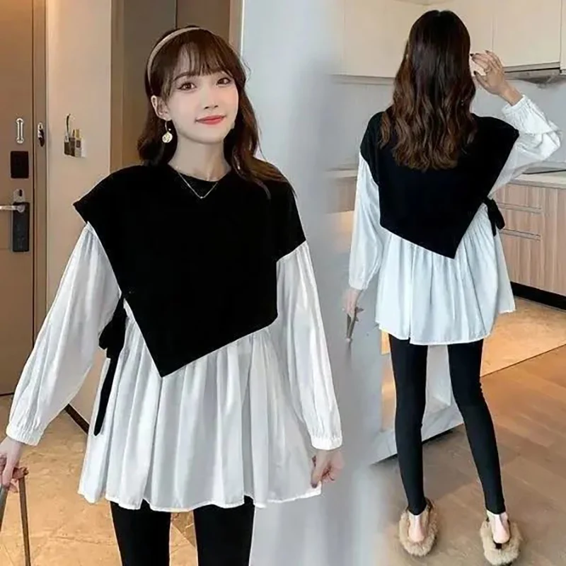 Fashion O-Neck Spliced Bandage Fake Two Pieces Blouses Women\'s Clothing 2023 Autumn Winter Loose Casual Tops Asymmetrical Shirts