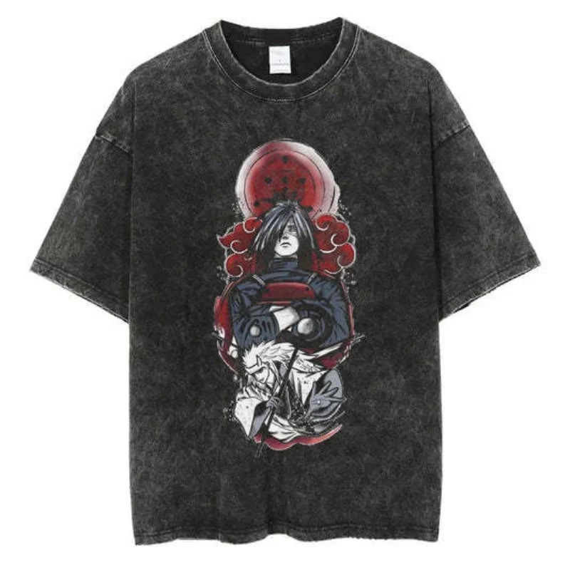 Riman Naruto Shirt Washed and Worn Short Sleeve T-shirt American High Street Retro Style Batik Short Sleeve Anime Top Tees Gift