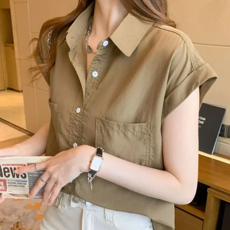 Shirts Women Vintage Solid Pockets Streetwear Summer Office Lady Basics Elegant Minority Clothing Formal Minimalist Ulzzang New