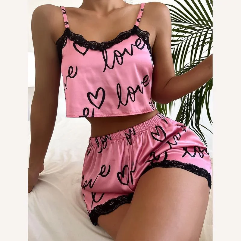 2 unids/set traje de pijama para mujer Sexy lindo cuello en V encaje amor corazón impreso tirantes Tops pantalones cortos camisón ropa de dormir