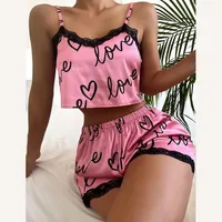 2pcs/set Pajama Suit for Women Sexy Cute V-Neck Lace Love Heart Printed Suspenders Tops Shorts Nighty Sleepwear Homewear Set