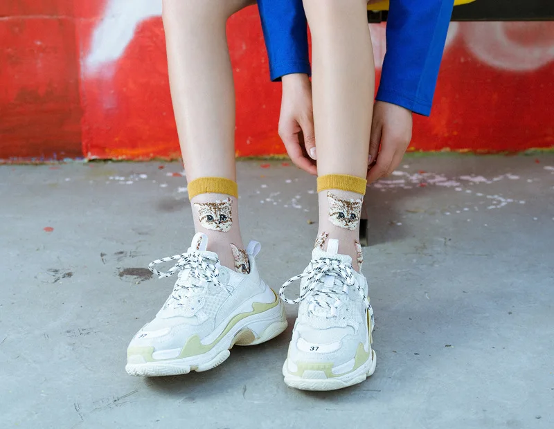 Frauen Transparent Nette Katze Socken Kawaii Damen Japanische Mode Koreanische Trendy Sommer Dünne Kristall Seide Socke Glasfaser Strumpf – Detail 12