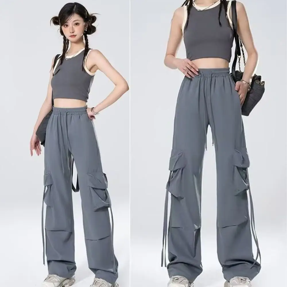 الرباط واسعة الساق Sweatpants متعددة جيوب المتضخم السراويل البضائع الفضفاضة Y2K عالية الخصر النساء ركض بنطلون رياضي