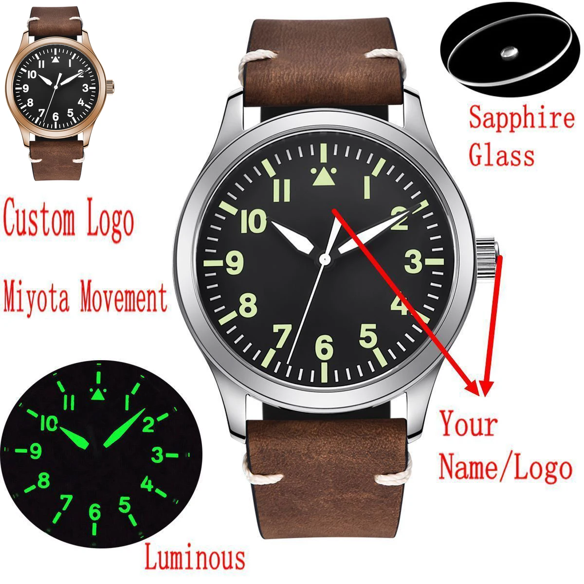 Custom Logo Sapphire Miyota Automatic Corgeut Watch 42mm Military Men Sports Sterile Dial Luminous Leather Mechanical Wristwatch