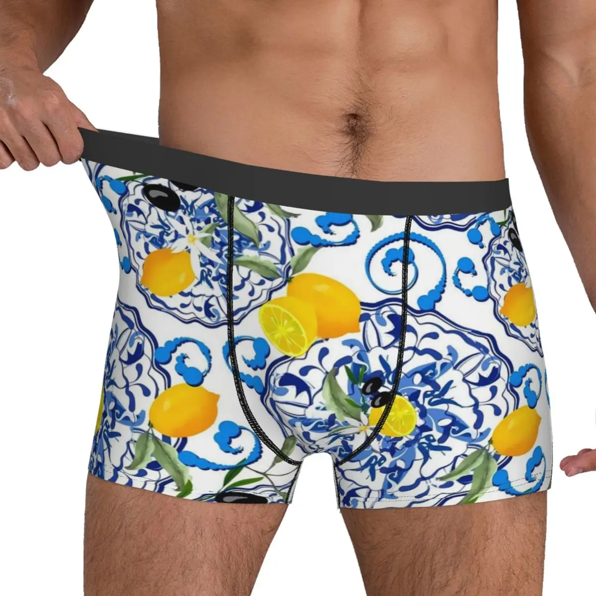 Retro Blue Flower Underwear Lemon Fruit Men Underpants Design Plain Boxer Shorts High Quality Shorts Briefs Big Size 2XL