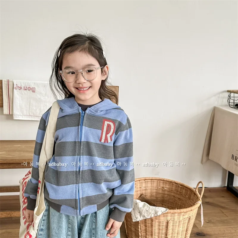 

Children Long Sleeve Stripe Print Coat Cotton Baby Boys Zipper Hooded Jacket Toddler Girls Casual Clothes Korean Style Kids Tops