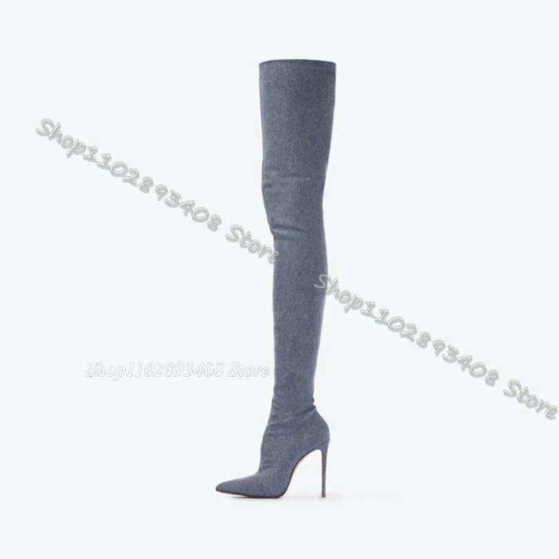 Blue Denim Elastic Knee Boots Pointed Toe Thin High Heels Women Boots Design for Women Party Fashion Shoes Zapatos Para Mujere