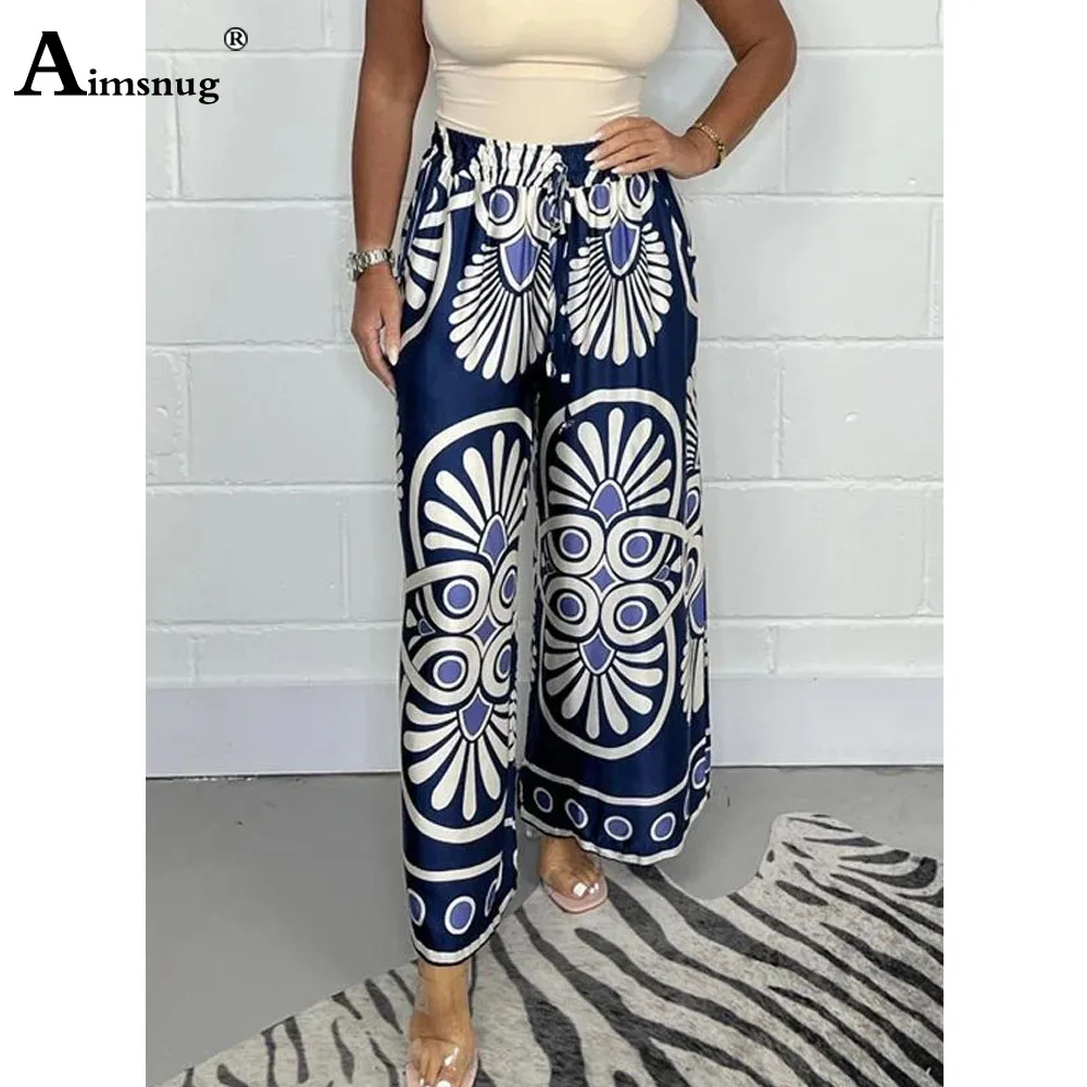 Plus size 4xl 5xl Wide Leg Pants Women\'s Bohemian Flower Print Trouser Casual Drawstring Loose Pantalon Women Ankle-Length Pants