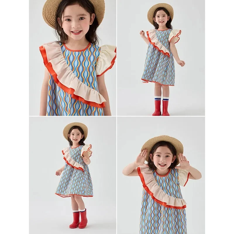 2023 Summer Girls Dress Children Print Wave Ruffles Clothing Girl Cute Princess Kids Dresses for Girls fits 6-14 Years