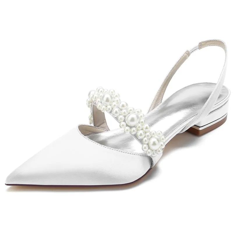 Satin Pearls Wedding Flats Shoes Pointed Toe Women Slingback Flat Shoes for Bridal/Bridesmaids/Prom/Evening/Cocktail