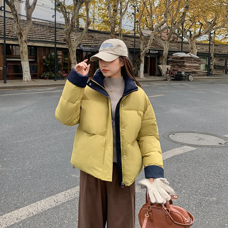 

2025 New Down Cotton-padded Jacket Women's Short Stand Collar Loose Contrast Thick Loose Warm Bread Clothing Korean Parkas Coat