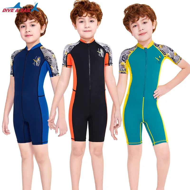 

Kids Swimsuit One-Piece Rash Guard Girls 2-12 Years Boys Short Sleeve Back Zipper Dive Swimwear UPF50+ Sunscreen W123