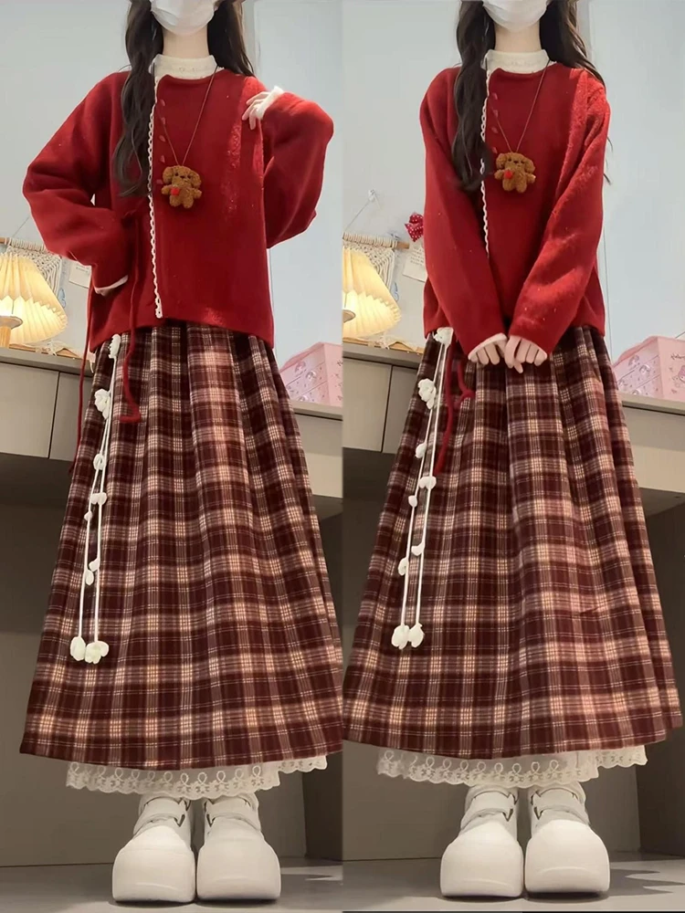 

Red Knitwear Base Shirt Skirt Three-Piece Set Korean Style Autumn Winter Fashion Women's Comfortable Loose Fit Outfit Set