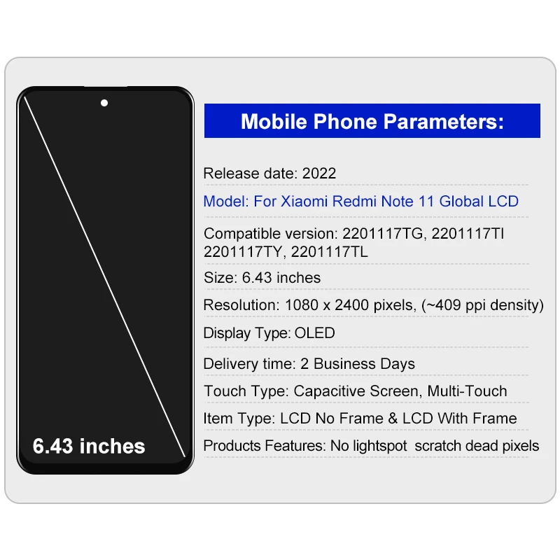 OLED LCD For Xiaomi Redmi Note 11 4G Global Touch Screen Digitizer Panel Assembly 2201117TG 2201117TI Screen Replacement Parts