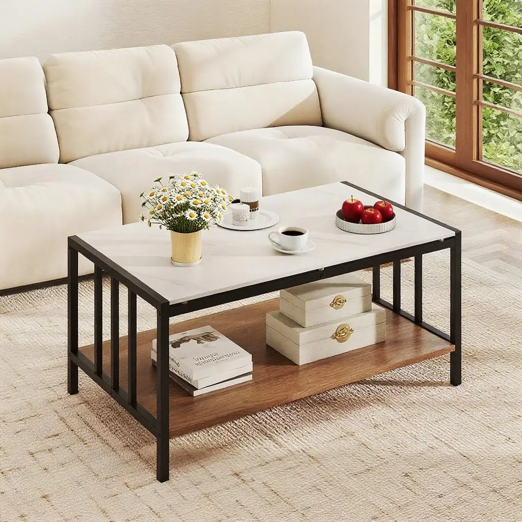 

2-Tier Coffee Table with Storage, Faux Marble Center Table Table with Sintered Stone Tabletop, Open Shelf & Sturdy Metal