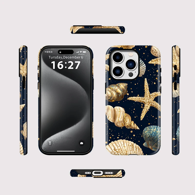 Fcicicase ل MagSafe شحن لاسلكي جراب هاتف آيفون 16 15 زائد 14 13 برو ماكس 12 11 محارة قذيفة نجم البحر نمط غطاء #2