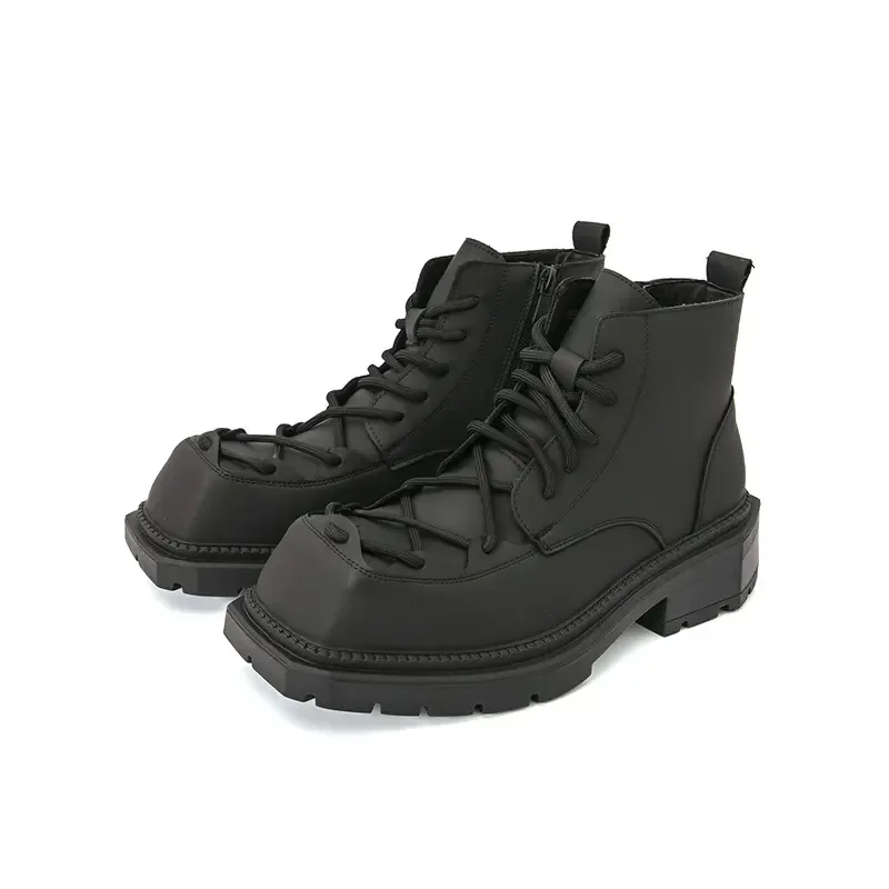 Botas antideslizantes de suela gruesa con punta cuadrada para hombre, zapatos de cuero cómodos con cordones y cremallera lateral, marca de moda, otoño