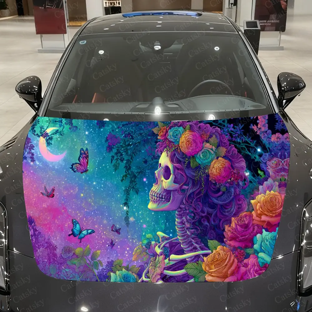 Iridescent Starry Sky Floral Skull Car Vinyl Wrap, PVC Waterproof Car Hood Sticker, Self-Adhesive Scratch-Resistant Stickers