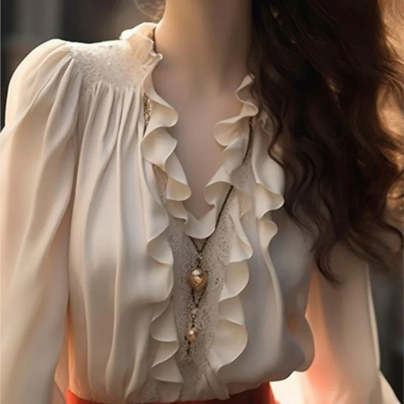 

Chic Popular Lace Collar Blouse Women Elegant Beautiful Nice Niche Shirt