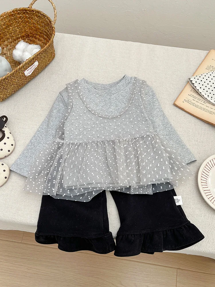 2026 Spring New Children Long Sleeve T Shirts Cotton Baby Girl Splicing Mesh Bottoming Shirts Kids Girls Cute Polka Dot Tops