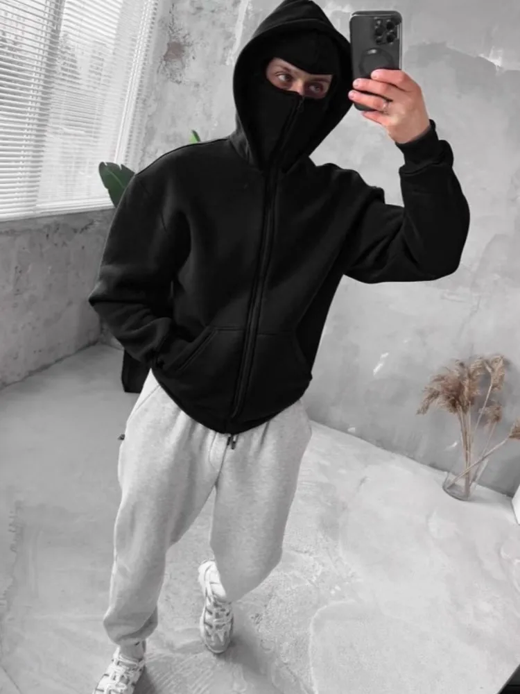 

Loose Jacket Double Hat Punk Couple Hooded Sweatshirts American Winter Warm Fashion Hoodie Trend Zipper Men Street Hip Hop