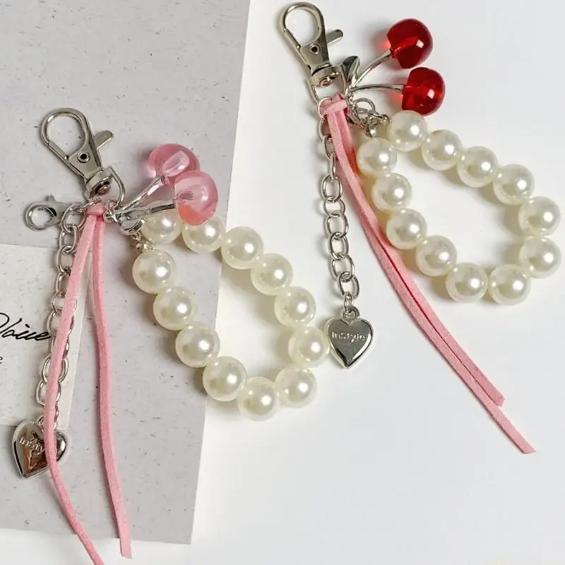 31BF Stylish Alloy Bag Charm Multifunctional Lip Balm Ring Pendant Charam Cherry Pearls Jewelry Decoration