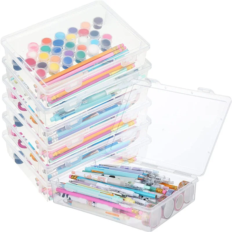 AB45 12 Buah Kotak Penyimpanan Plastik 7In X 9In X 2In dengan Tutup Wadah Plastik Organizer Kerajinan Serbaguna Kotak Pensil Bening