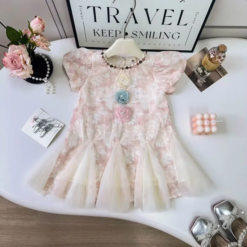 

2025Summer New Girls' Dress Baby Girl Short Sleeve Mesh Princess Dress Children's Stylish Floral Dress