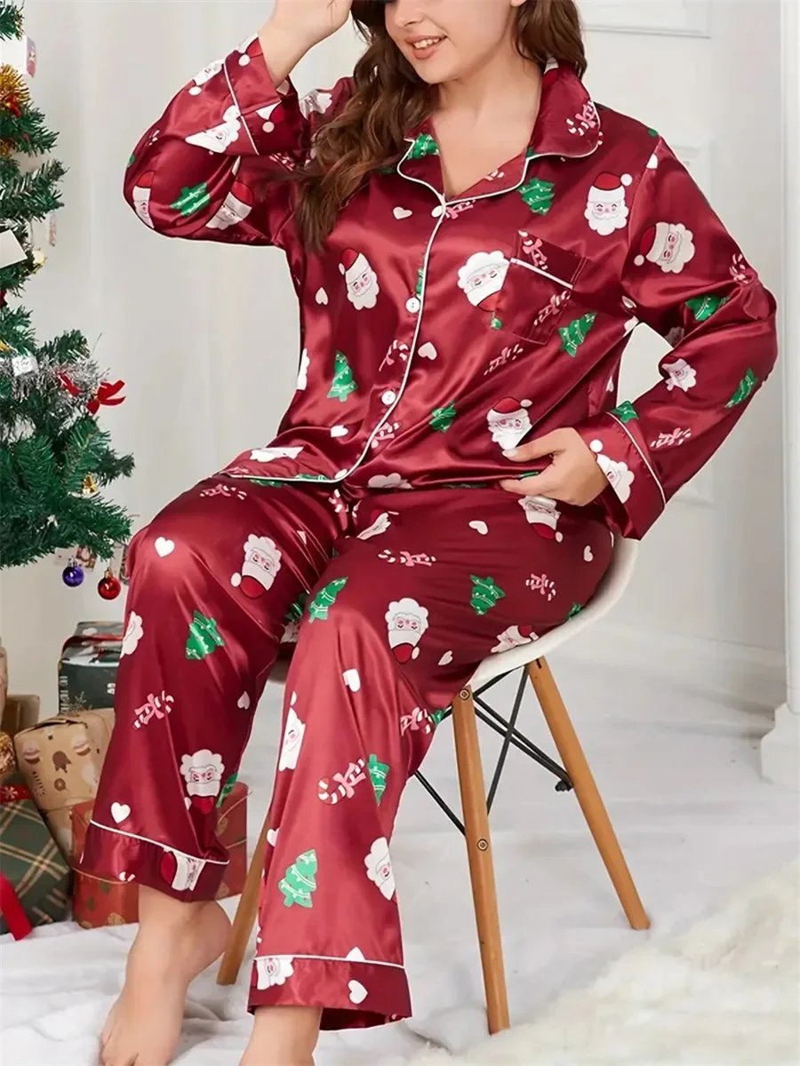 2025 New Years Women\'s Christmas Pajamas Set Snowman Santa Print Long Sleeve Lapel Button Tops with Long Pants Satin Loungewear