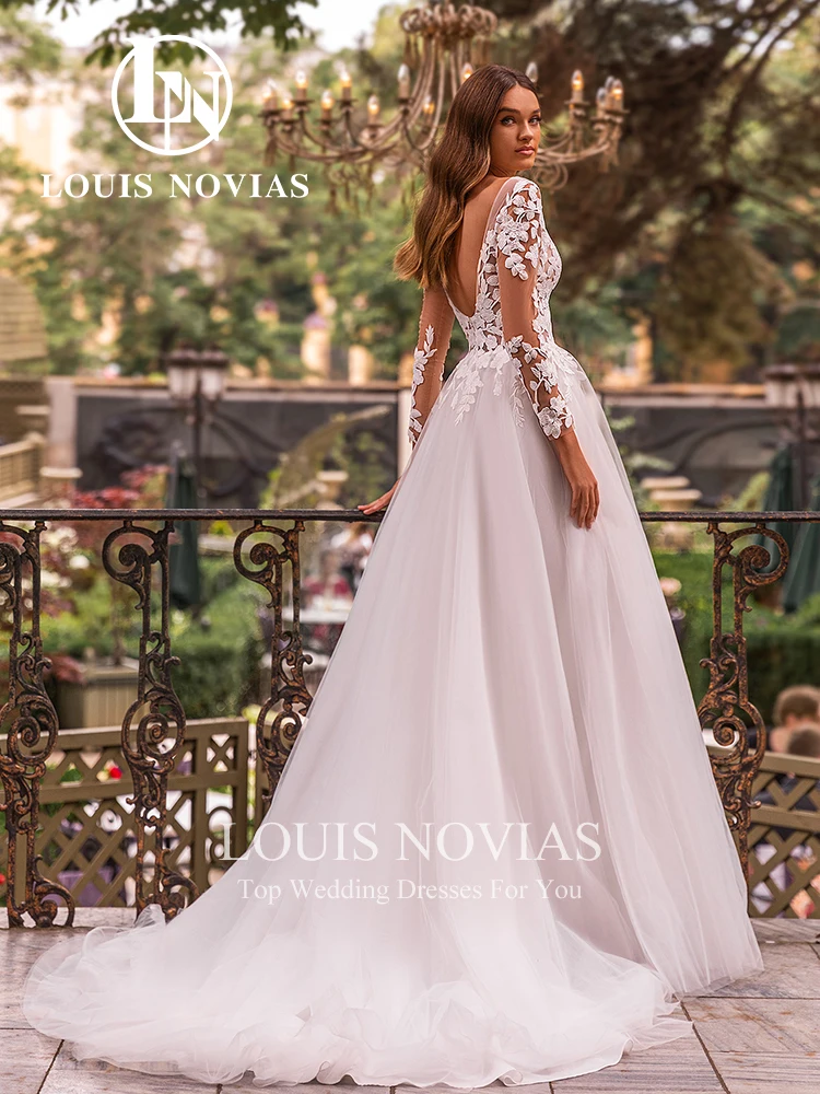 Louis Novias Kant Trouwjurken 2024 Frisse Sexy V-Hals Backless Appliques Bloemen Boho Trouwjurk A-Line Vestidos De Novia