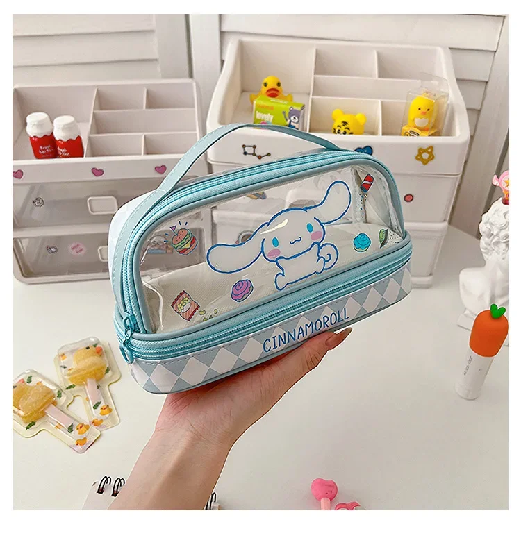 Kawaii الكرتون Hellokitty Kuromi سعة كبيرة شفافة طبقة مزدوجة مقلمة الكرتون سينامورول القرطاسية القلم حقيبة
