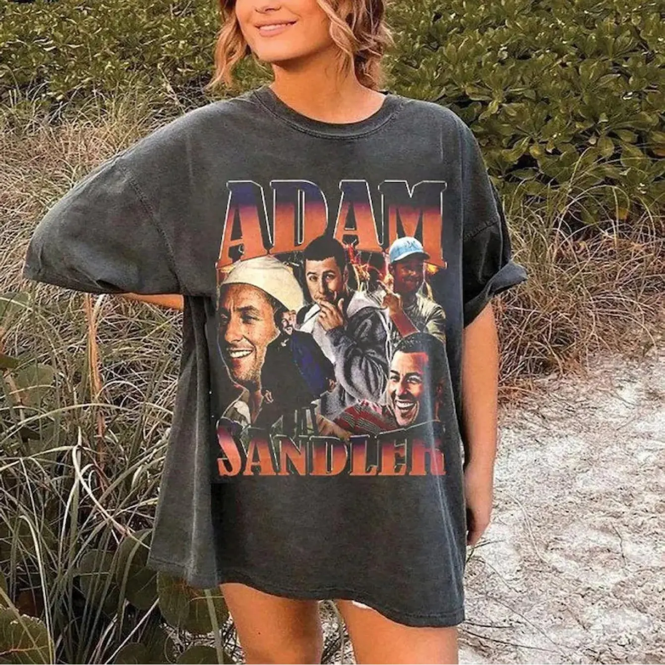 Feminino retro adam sandler padrão camiseta retro filme personagem impresso manga curta em torno do pescoço quatro estações estilo casual