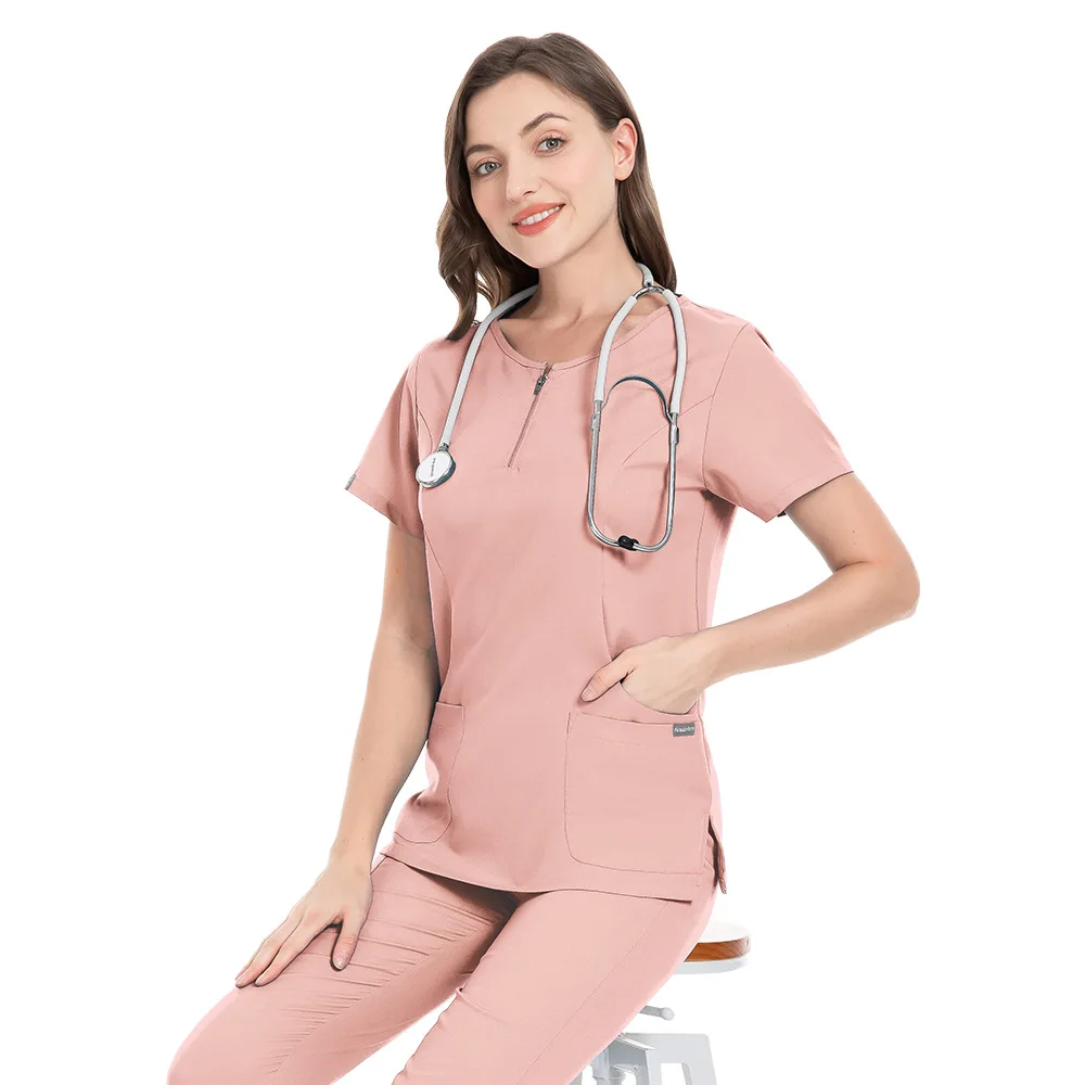 Fashion Metal Zipper Spa Beauty Scrubs Set Women's Slim Fit Clinic Medical Uniforms Skin And Hair Cutting Workwear Clothes