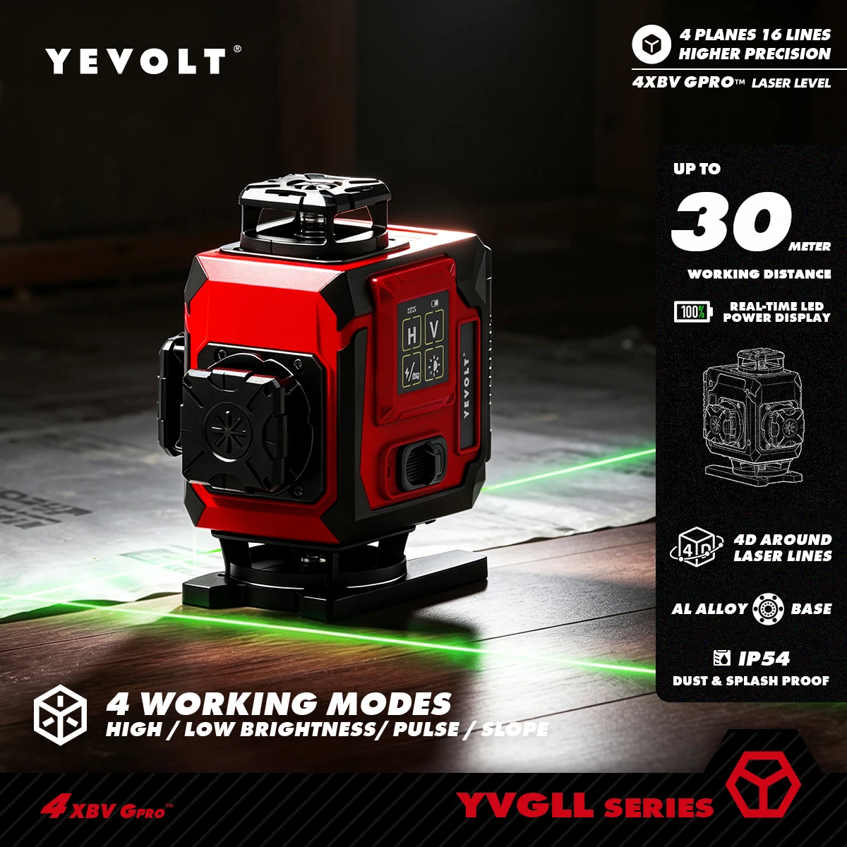 Rotatable 16 Lines 4D Green Light Laser Level, Self‑Leveling 360° Full Plane Cross Line Measuring Device for Home Renovation
