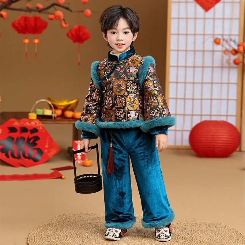 

2026 New Children's Tang Clothing Hanfu Set Boys' New Top Pants 2-piece Set Kids' Winter Clothing Set Performance Costume LJ070