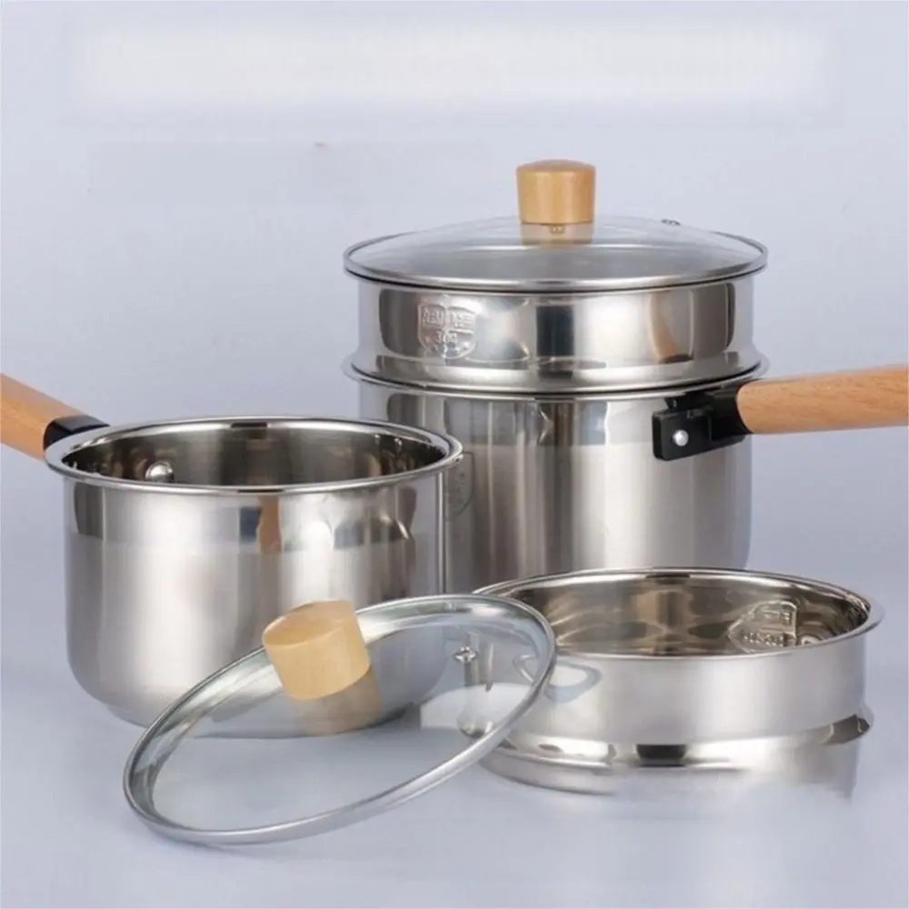 

Stainless Steel Mini Steamer with Lid Non Stick Food Cooking Pot 2 Layer Wooden Handle Stainless Steel Pot Gas Induction Cooker