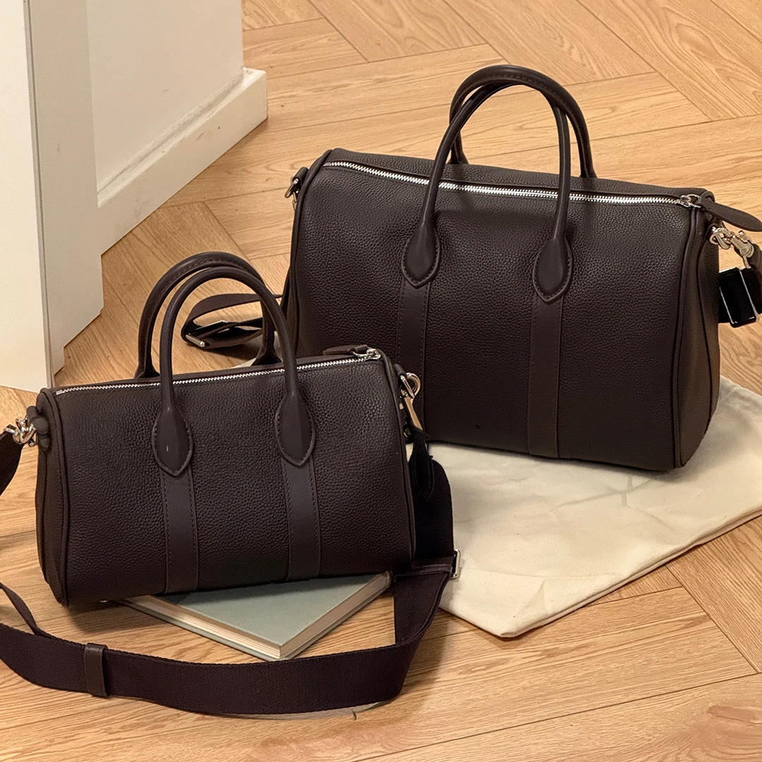 Mendy Genuine Leather Handbag Litchi Grain Boston Bag Top Handle Detachable Crossbody Purse Luxury Designer Vintage Versatile C