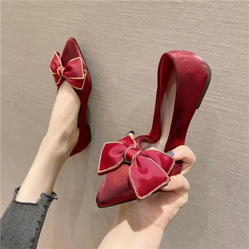 Women Flats Wine Red Pointed Toe Shallow Mouth Butterfly-knot Wedding Shoes Soft Bottom Large Bride\'s Flats with Bowknot 33 34