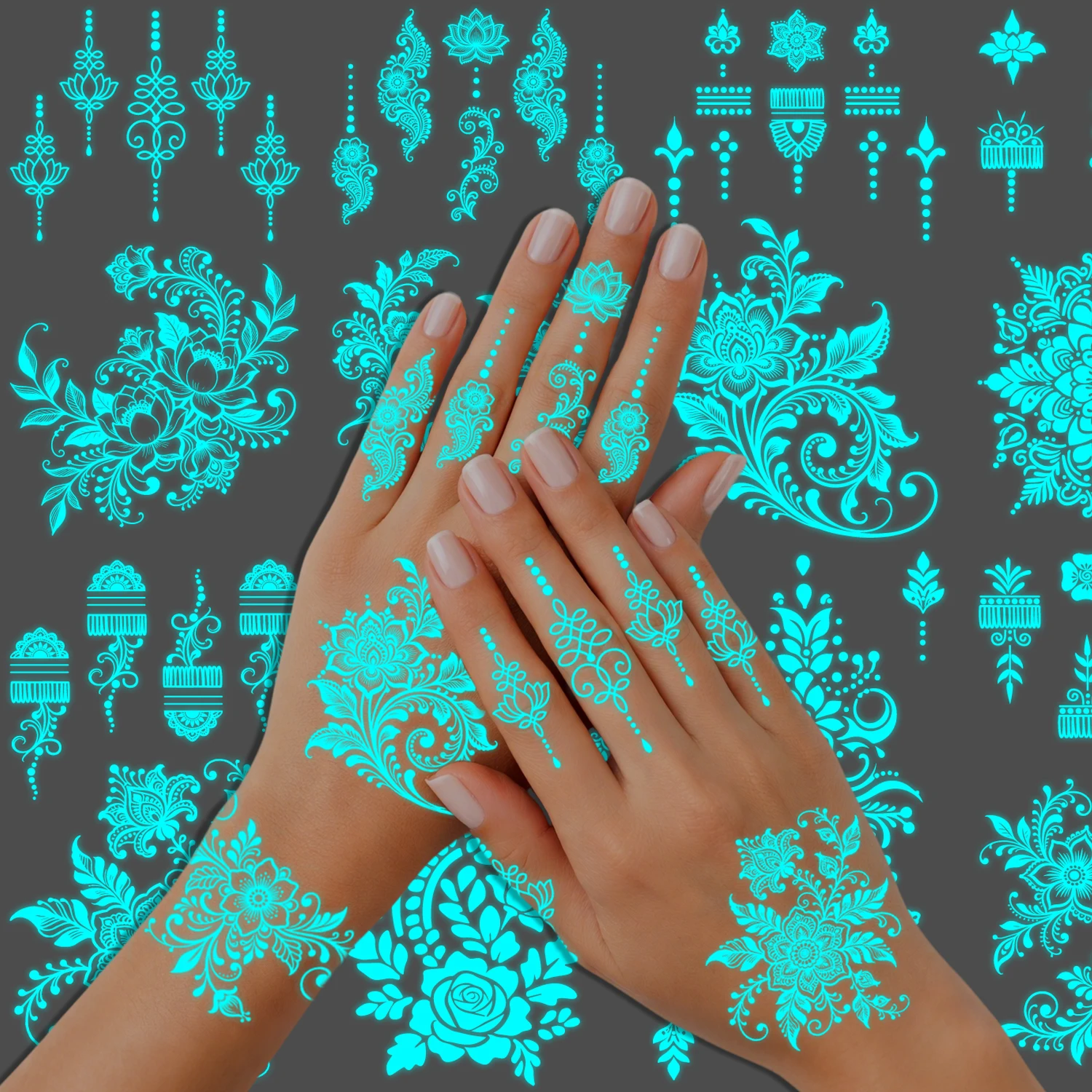 

10 Sheets Glow Henna-style Tattoo Kit, Waterproof Temporary Henna-Pattern Tattoos Stickers for Women Wedding Party