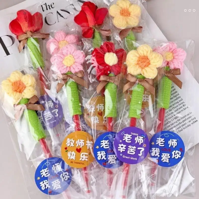 1Pcs Cute Plush Flower Gel Pen Creative Decorative Gel Pen Knitted Floral Writing Pen Smooth Writing Teachers Day Gifts