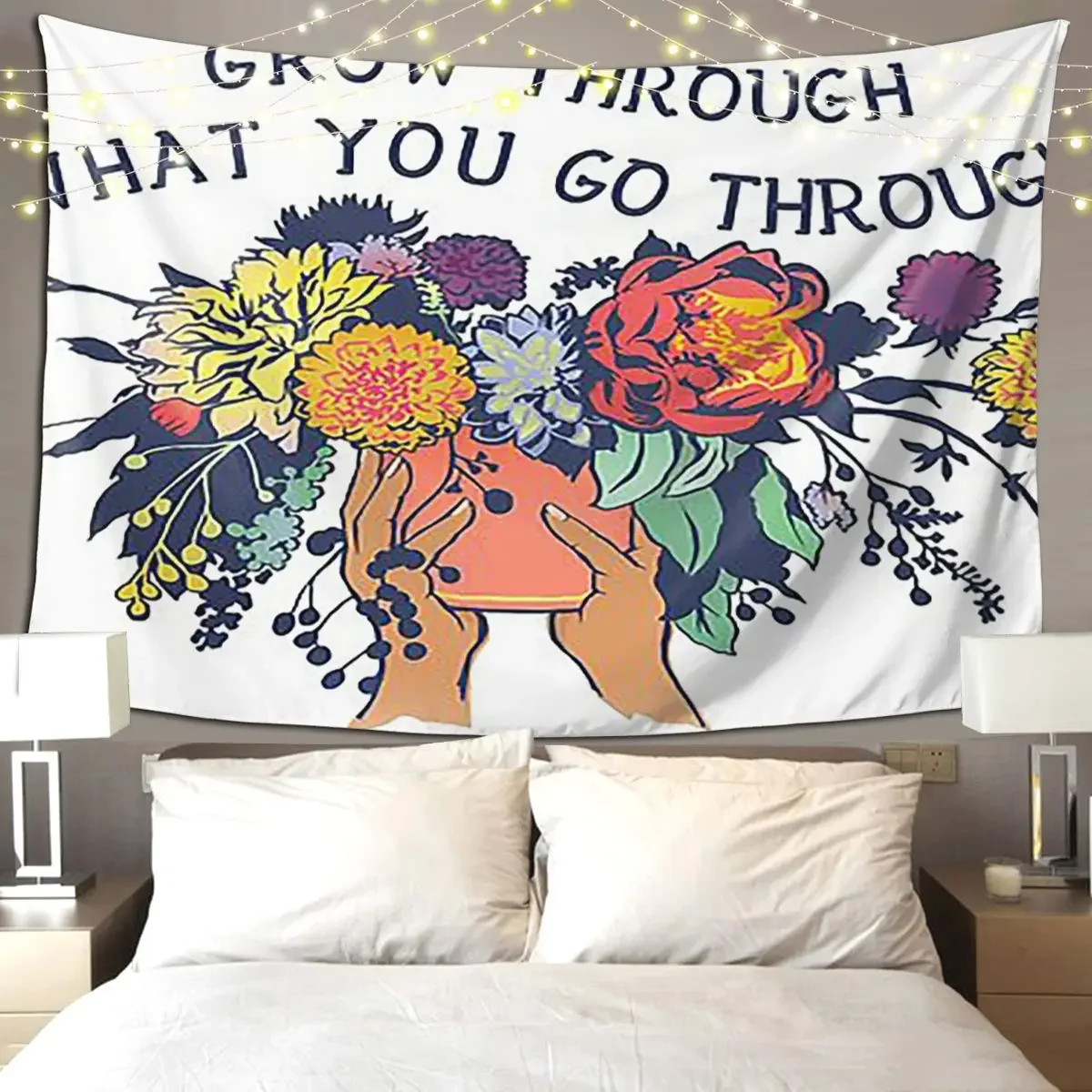 Grow Through What You Go Through Tapestry Hippie Wall Hanging Aesthetic Home Decor Tapestries for Living Room Bedroom Dorm Room