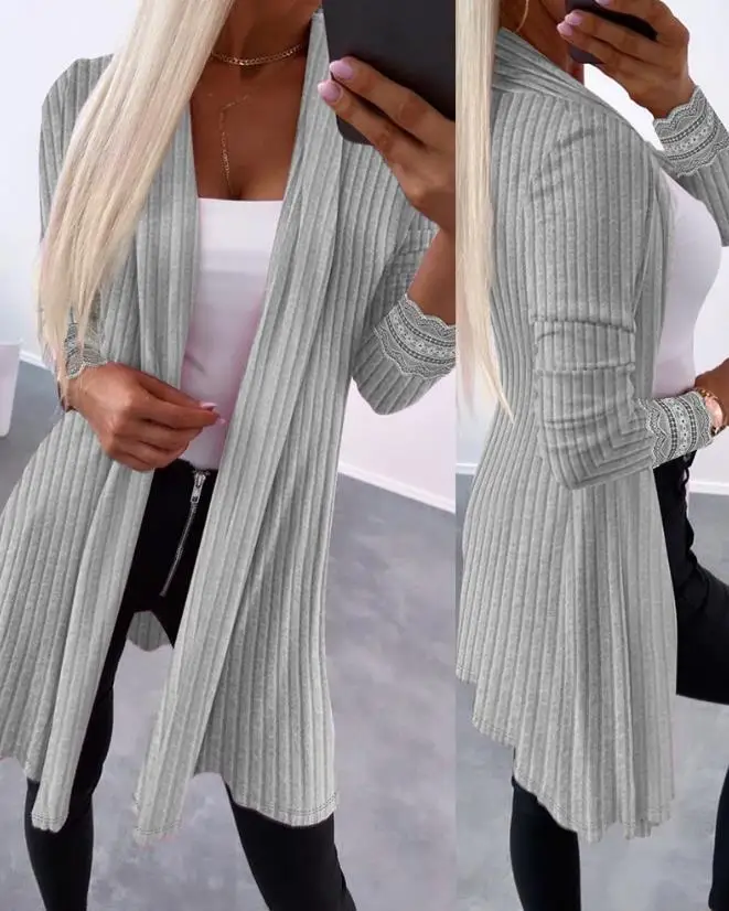 Front Opening Contrast Lace Rib Long Coat 2023 New Hot Selling Fashion Women's Long Sleeve Cardigan Long Sleeve