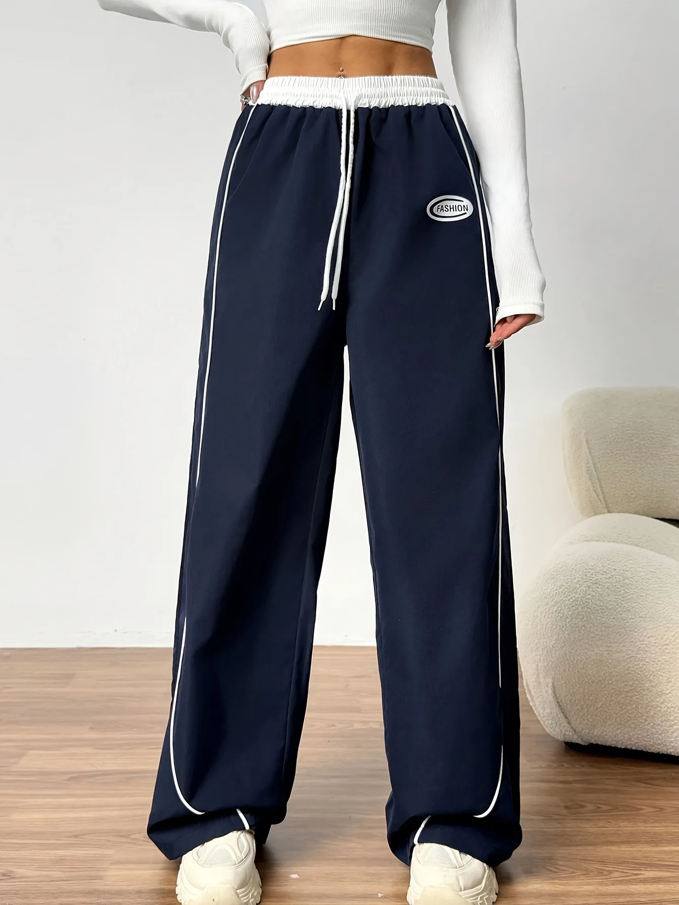 Girls 1-Pack Contrast Stripe Elastic Waist Wide Leg Track Pants Casual Streetwear Parachute Pants