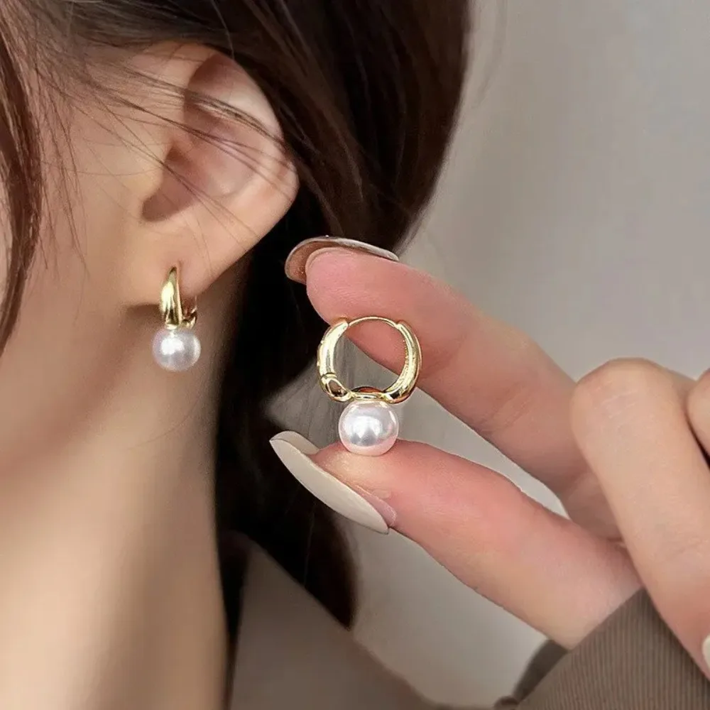 

Luxury Pearl Studs Hoop Earrings for Women Charm Gold Color Eardrop Minimalist Korean Dangle Earring Wedding Jewelry Accessories