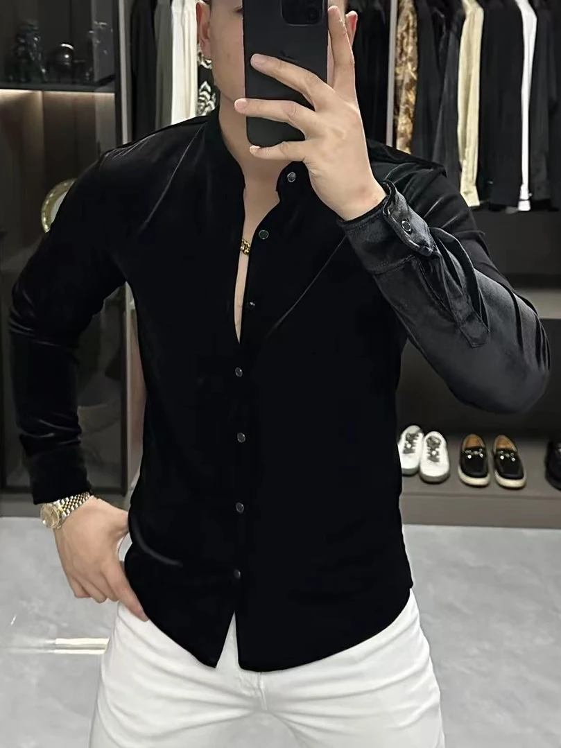 

Men's Long Sve Velvet irt Spring Autumn New Faion Casual Stand Collar Comfortable Silk Feel Versatile Sli irt