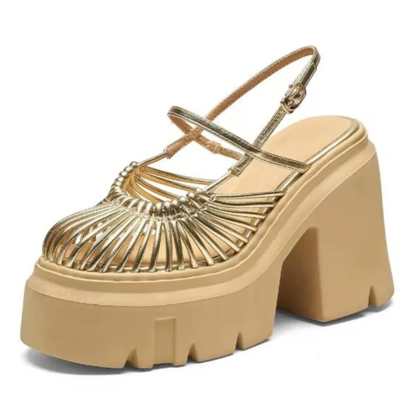 2026 New Women's Summer Gladiator Casual Sandals 12CM Square Heel Cut Out Thin Strap Closed Toe Backless Buckle Fashion Shoes