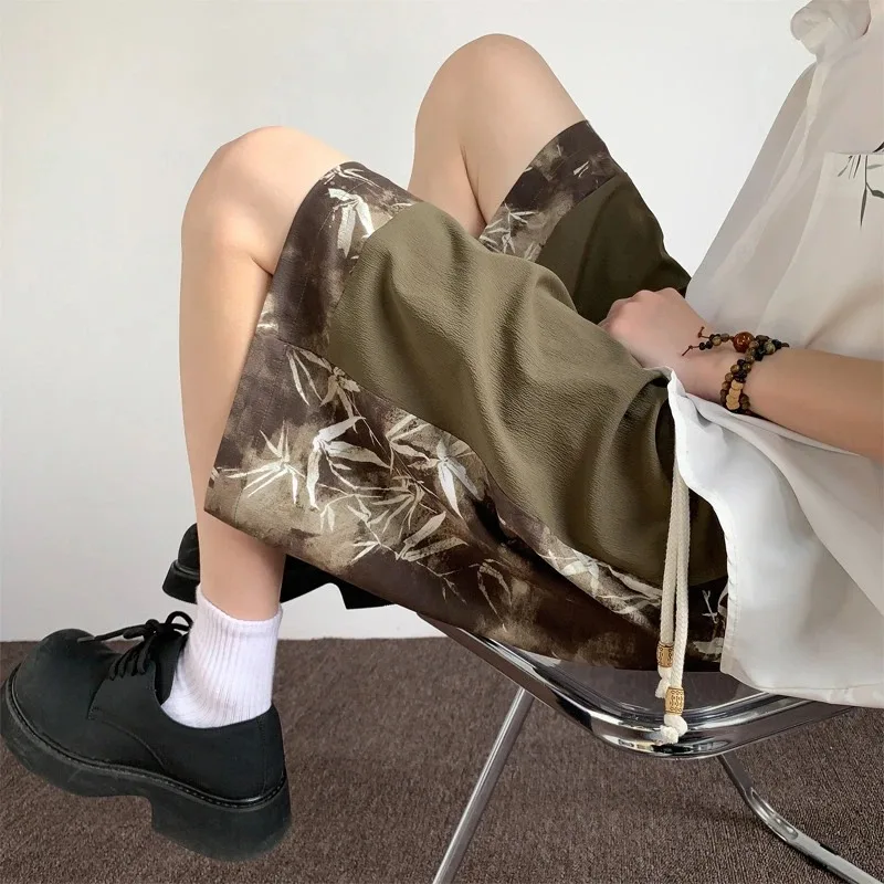 

Men's Bamboo Print Fake Two-piece Shorts Summer Quick Dry Ice Silk Casual Half Pants